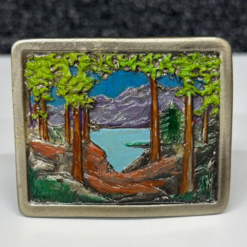 Indiana Metal Craft Vintage 1996 Mountain Lake Enamel Belt Buckle Pewter Tone